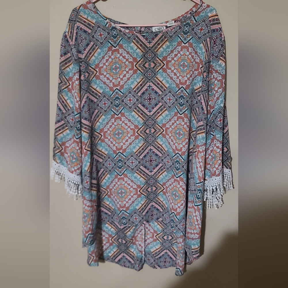 Cato Multicolor Geometric Blouse with Fringe